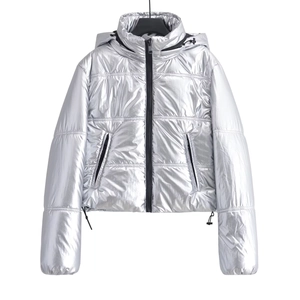 Women Shiny Metallic Hooded Puffer Jacket Short Warm Quilted Coat Solid Color Zipper Winter Outerwear