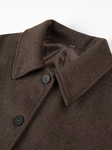 Short dark brown wool coat with lapel collar and classic buttons for Y2K fashion