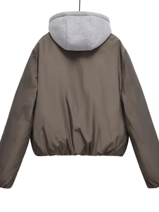 Y2K hooded puffer jacket with detachable grey hood and brown windproof fabric