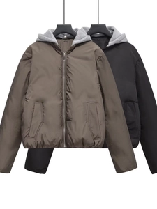 Y2K hooded puffer jacket in khaki and black with grey knit hood and zipper closure