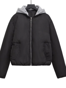 Y2K hooded puffer jacket with black quilted body and grey contrast detachable hood