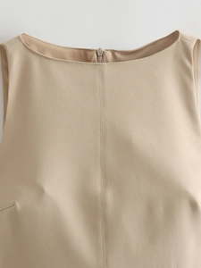 Robe sans manches beige chic à col rond avec double ceinture et fermeture éclair au dos
