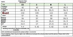 Detailed size chart for cropped long sleeve shirt with polyester fabric specifications