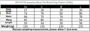 Size chart for halter neck satin top with jewel bow details showing XS to L measurements