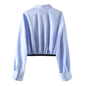 Back view of light blue cropped shirt with black elastic hem and button cuffs