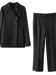 Women Pinstripe Suit Set Long Sleeve Single Breasted Blazer High Waist Trousers Top And Bottom Office Lady Streetwear