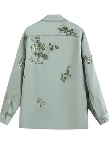 Y2K loose long sleeve sage green shirt with sequin floral embroidery on back and sleeves