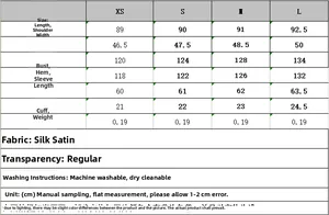 Detailed size chart for satin long sleeve shirt including length and bust measurements