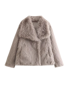 Gray thick faux fur coat with oversized lapels in a flat lay style for winter