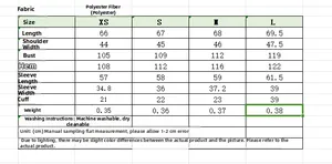 Detailed size chart for women's long sleeve shirt with measurements in CM and polyester info