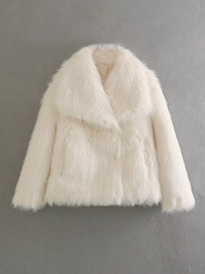 Y2K beige oversized faux fur jacket with large collar and warm plush texture for winter