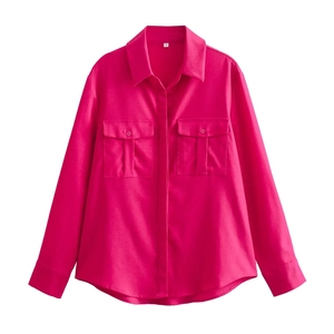 Detailed view of the bright rose pink long sleeve shirt with flap chest pockets