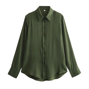 Detail of olive green satin shirt collar and pearlescent buttons with size S label