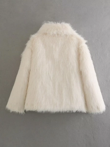 Back view of a plush off-white faux fur winter jacket with lapels and loose fit