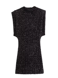 Robe Courte Sans Manches à Paillettes pour Femmes Avec Épaulettes Y2K Col Montant Moulante Sexy Fête Club Robe de Soirée