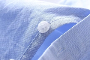Detail shot of white round buttons and dense texture on a light blue oxford shirt
