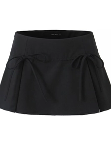 Women High Waist Bow A-Line Mini Skirt Chic Side Tie Pleated Hem Solid Color Polyester Rayon Streetwear Short Skirt