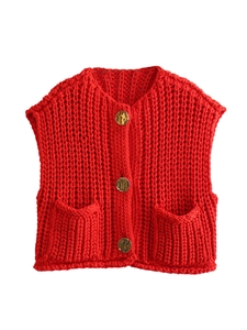 Y2K Chunky Knit Vest Women Cropped Sweater Cardigan Round Neck Single Breasted Solid Color Sleeveless Knitwear With Gold Buttons Red