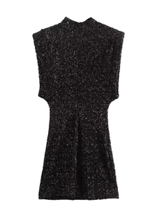 Mini-robe noire à paillettes sans manches style Y2K avec épaulettes et col montant