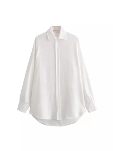 Minimalist white long-sleeve shirt with lapel collar and asymmetric curved hemline