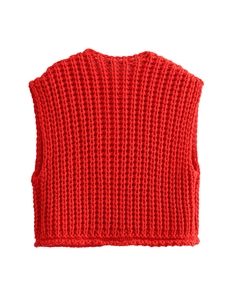 Y2K chunky knit red vest for women featuring a crewneck and textured back side view