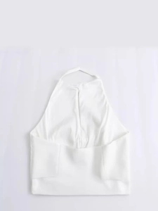 Elegant white satin halter top featuring a slim fit design for a modern feminine look