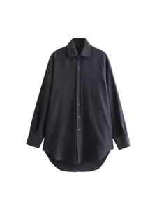 Elegant black satin long sleeve shirt with asymmetrical hem and classic lapel collar