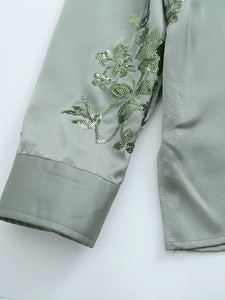 Sage green satin shirt with exquisite green sequin floral embroidery on the sleeve