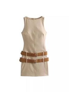 Robe Mini Moulante Sans Manches Femme Double Ceinture Marron Col Rond Kaki Streetwear Décontracté Coupe Ajustée Robe Gilet Été Fête