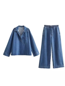 Conjunto de mezclilla azul Y2K con camisa de manga larga y pantalón ancho de cintura alta