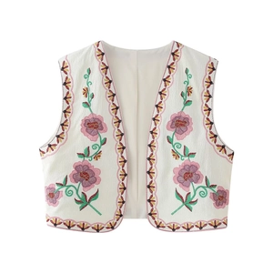 Close-up of colorful floral embroidery and wave patterns on a vintage vest