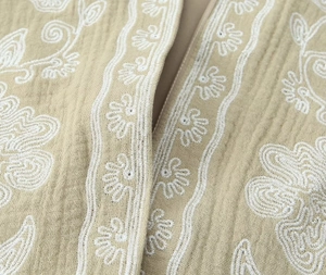 Gros plan détaillé de broderies florales blanches sur le tissu d'un gilet vintage