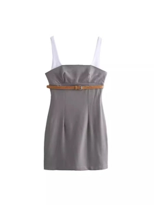 Mini Robe Sexy Épissée Bloc de Couleur pour Femmes Avec Ceinture Dos Nu Coupe Slim Sans Manches Moulante Robe Courte Streetwear