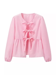 Pink long sleeve tie-front crop top with delicate bow ribbons and ruffled hemline