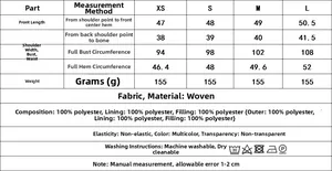 Detailed size chart for street fashion printed vest with XS to L measurements and fabric info