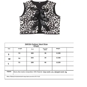 Detailed size guide for women's printed vest with 100% polyester fabric specifications