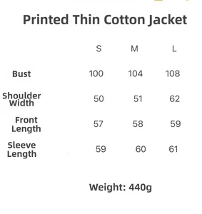 Detailed size chart for women's printed cotton jacket showing S, M, and L measurements