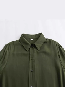 Women's casual dark olive green long sleeve shirt with asymmetrical hem and solid color style