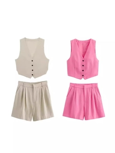 Ensemble Deux Pièces en Lin pour Femmes Été Gilet à Col en V Boutonné et Short Taille Haute Mode Streetwear