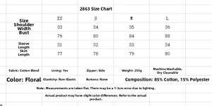 Detailed size chart for floral dress showing measurements in XS to L with fabric specs