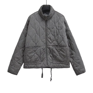 Women's dark gray oversized quilted jacket with onion stitching and adjustable drawstring hem