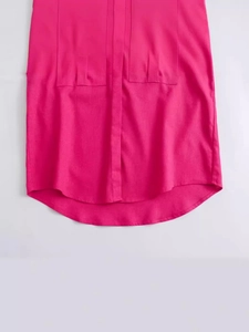 Relaxed fit fuchsia long sleeve linen shirt with flap pockets and curved high-low hemline