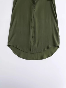 Army green long sleeve Y2K shirt with asymmetric curved hem and button details
