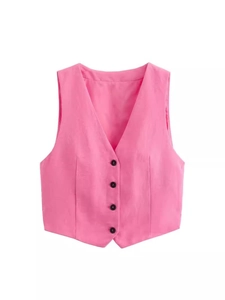 Gilet de costume femme rose vif, coupe ajustée, col en V, quatre boutons noirs, élégant