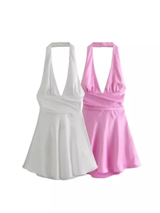 Sexy Abito Mini in Raso con Scollo all'Americana e Schiena Scoperta Donna Scollo a V Profondo Senza Maniche Bodycon Vestito da Festa con Grande Fiocco