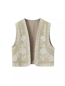 Gilet Court Vintage pour Femmes avec Broderie Florale Col en V Tissu Plissé Sans Manches Ouvert en Polyester