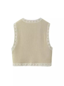 Gilet court vintage brodé de fleurs vert olive clair en coton avec tissu texturé doux