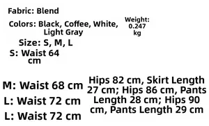 Size chart showing S-L measurements for the high waist pleated mini skirt fabric and colors