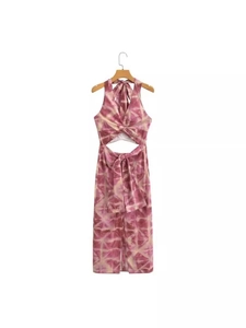 Women Tie Dye Halter Midi Dress Cut Out Waist Knot Front Backless Bohemian Vacation Summer Party Bodycon Dress