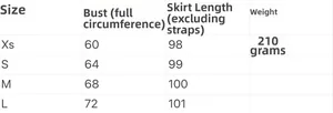 Detaillierte Größentabelle für das rückenfreie Midikleid mit Brustumfang und Länge
